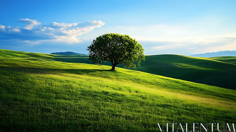 Solitary deciduous tree on sunlit rolling green hillside.