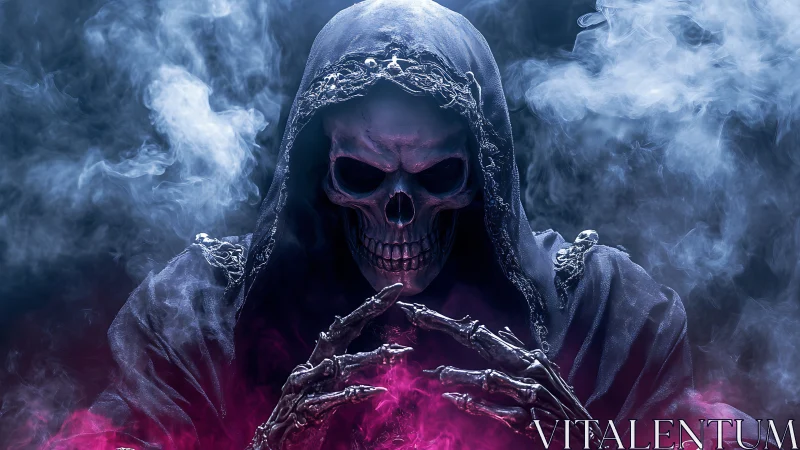 Grinning necromancer skull cloaked in neon stormed fog.