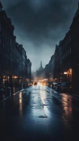 Rain slicked city street reflects car lights at dusk