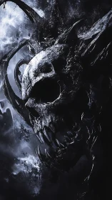 Nightmarish skeletal titan emerging from stormed void.