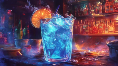 Bioluminescent Cocktail with Citrus Slice in Neon Bar Setting