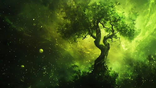 Enchanted cosmic tree glowing gently in a dreamy green sky.