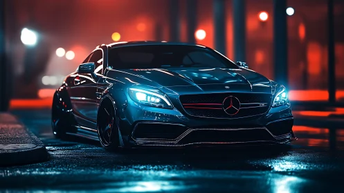 Sleek Mercedes coupe glows under neon city streetlights at night
