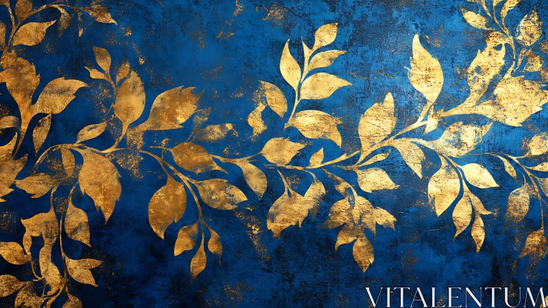 Gold leaf vine pattern overlays textured cobalt blue background