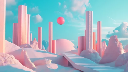 Pastel sci fi skyline with floating sphere over dunes.