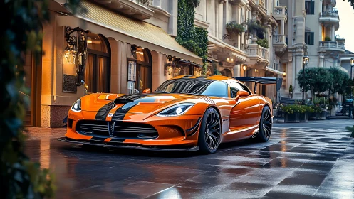 Orange supercar parked on wet luxury city street at dusk.