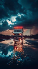 Emergency vehicle stands on wet road under dense storm clouds