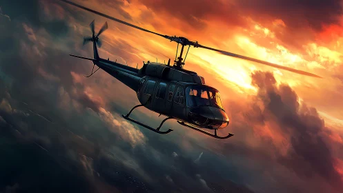 Utility helicopter banking through dramatic sunset clouds.