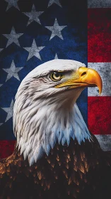 Bald eagle portrait before textured American flag backdrop.