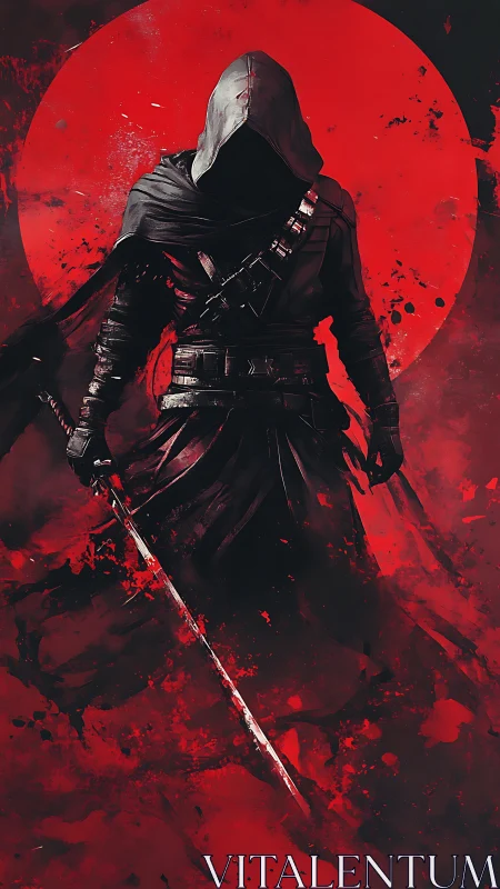 Hooded sword wielder against large red circular backdrop.