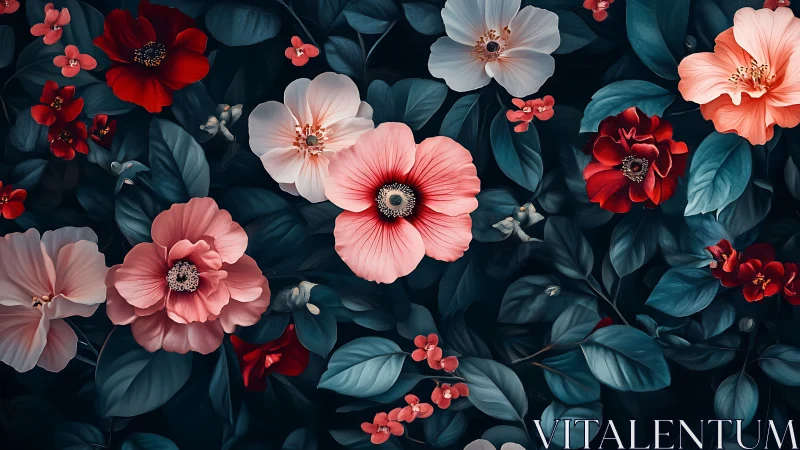 Red and Pink Gerberas Against Dark Teal Foliage.