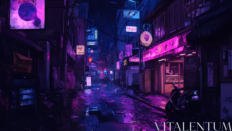 Neon-soaked alleyway renders cinematic nocturnal rain scene
