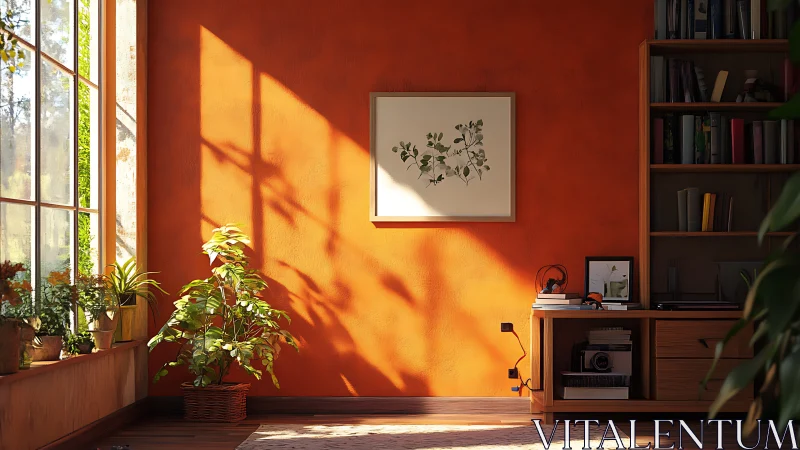 Sunlit orange wall with plants, framed art and shelving unit.