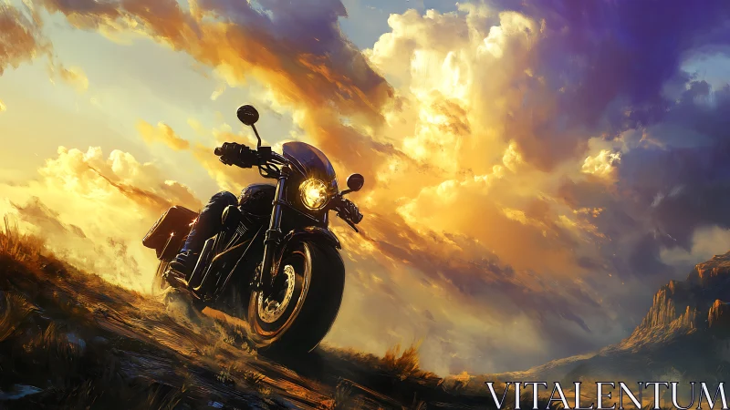 Motorcycle cuts blazing trail beneath storm-lit sunset sky.