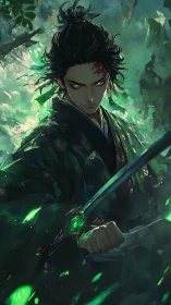 Emerald embers whirl as the forest-blade warrior advances