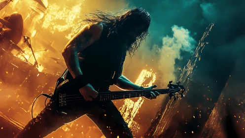 Backlit metal bassist framed by pyrotechnic flames and smoke