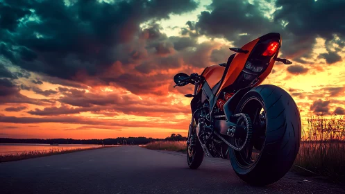 High-performance sport motorcycle framed against dramatic sunset sky