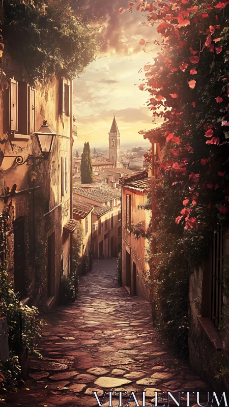 Golden hour cobblestone alley with floral facades and bell tower
