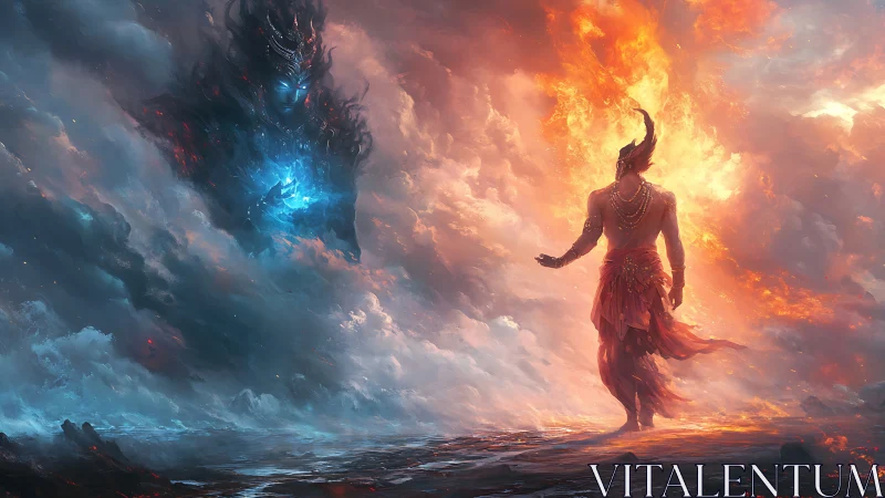 Elemental deity confronts colossal storm spirit in flames.