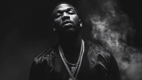 High-contrast monochrome portrait with smoke and jewelry