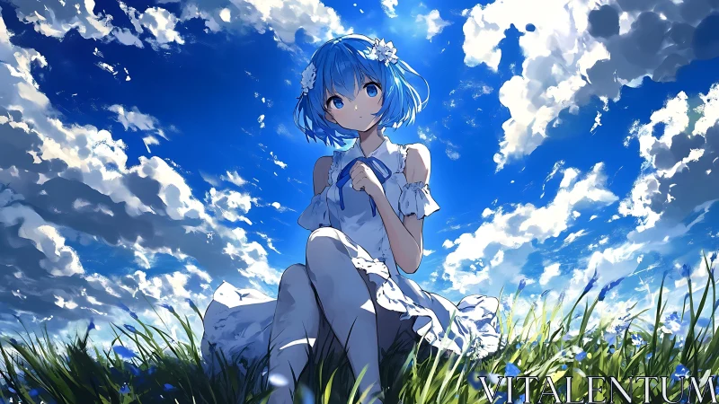 Blue haired girl sits in flowered field under vivid sky