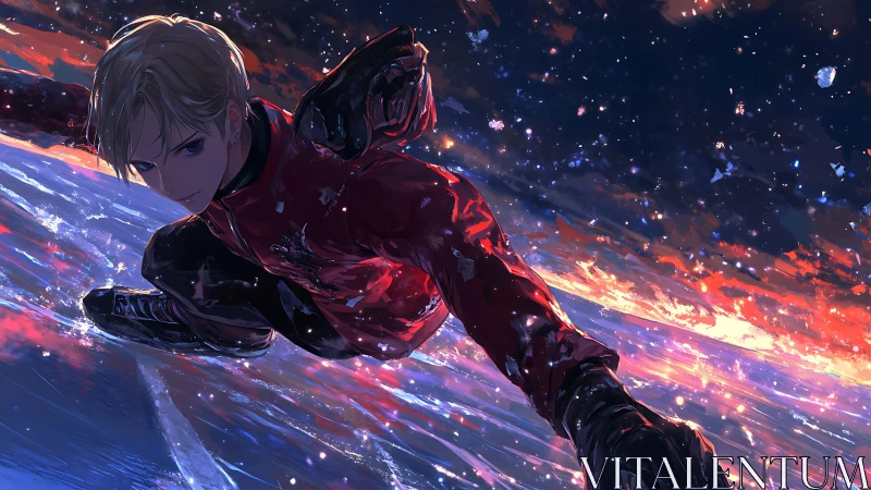 Dynamic anime skater carving luminescent ice at sunset speed