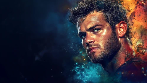 Storm-lit portrait of a determined man in molten colors.