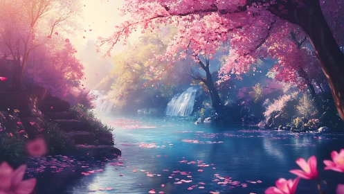 Dreamy cherry blossom river under soft waterfall light.