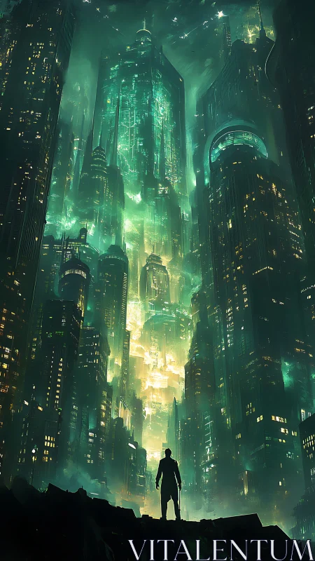 Solitary human figure surveying dense neon megacity skyline.