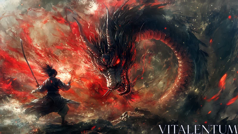 Samurai facing a fiery serpent dragon in stormy chaos.