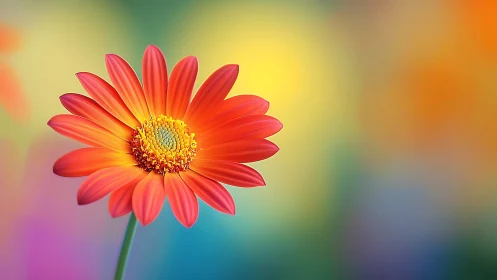 Single orange daisy glows against a dreamy rainbow blur