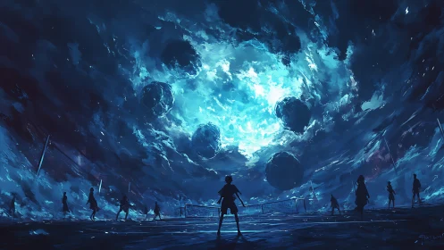 Apocalyptic night sky over looming playground confrontation.