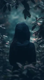 Solitary hooded figure walking through misty forest dusk.