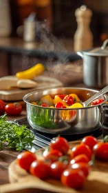Stainless steel pot with mixed vegetables on kitchen stove.