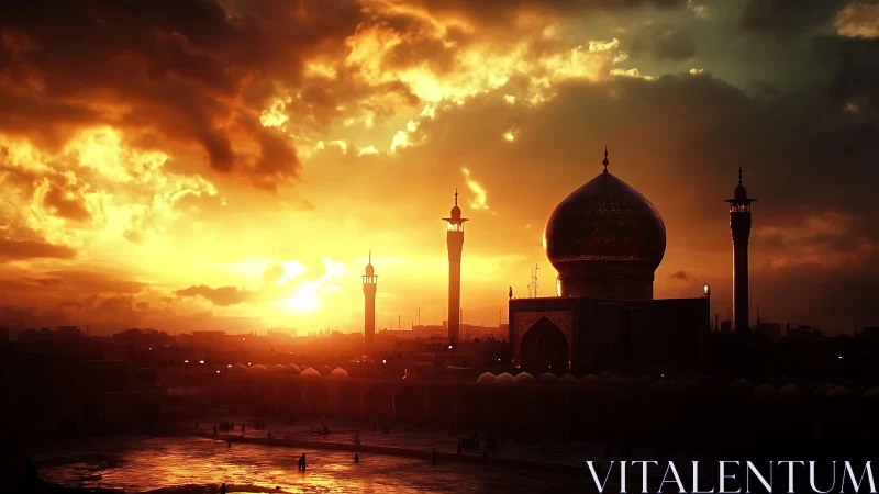 Golden sunset silhouettes mosque domes and slender minarets.