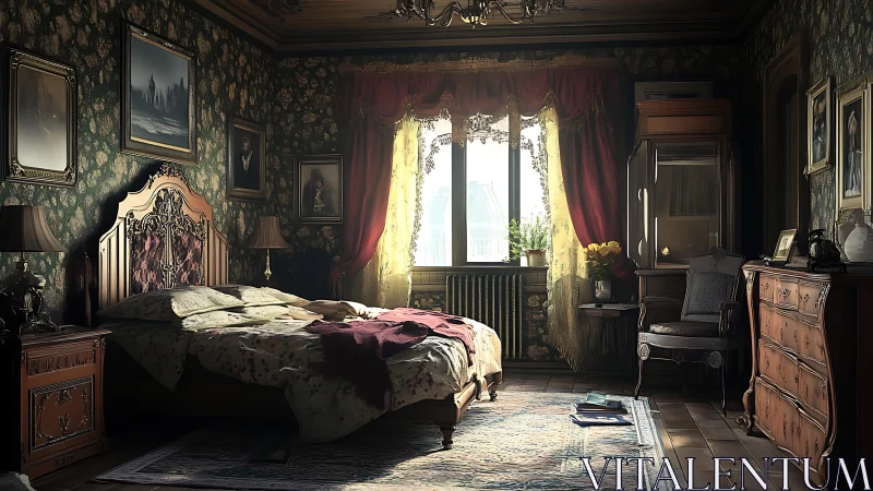 Sunlit baroque bedroom with ornate furnishings and decay.