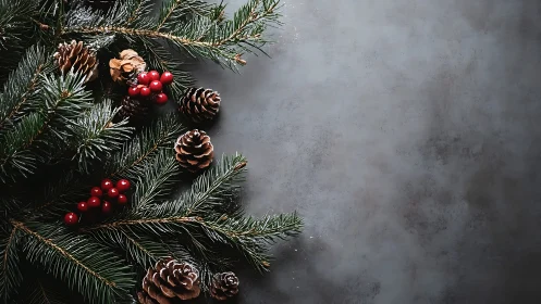 Evergreen branches and pine cones occupy the image corner