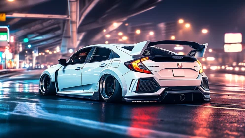 Tuned white hatchback under neon city overpass at night.