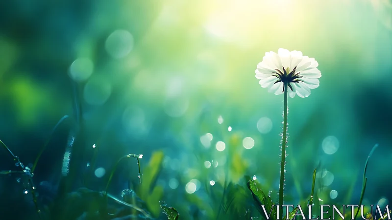 Backlit daisy macro with dewy bokeh and shallow depth of field.