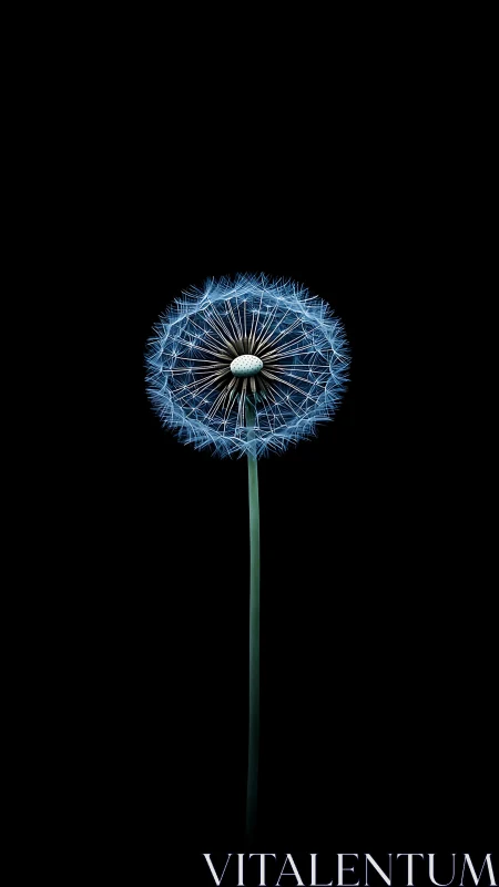 Blue dandelion seed head centered on plain black background.