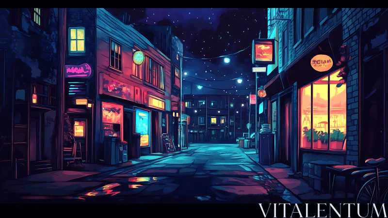 Neon lit alleyway with storefronts and night sky view.