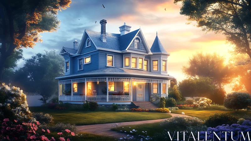 Victorian blue house glows warmly under dramatic sunset sky