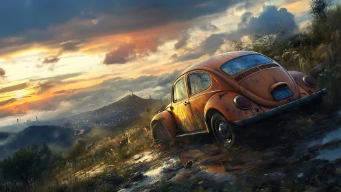 Weathered orange car on muddy hillside above city at dusk.