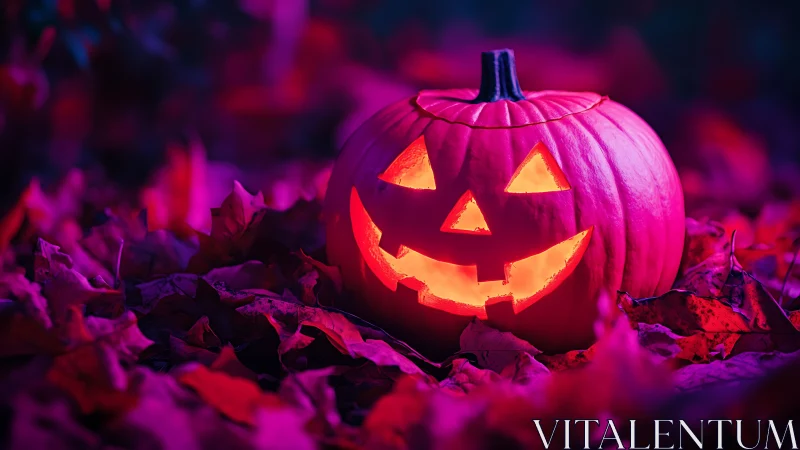 Neon lit jack o lantern on autumn leaves under magenta light