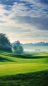 Morning mist over rolling fairways on lush golf course.