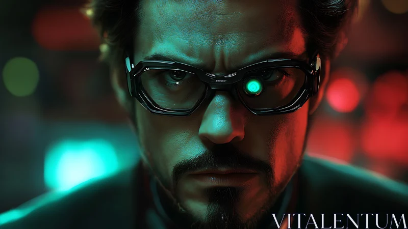 Cybernetic visionary in neon lab glow, intense close portrait.