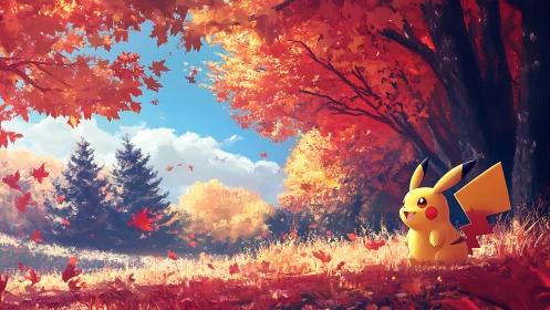 Electro-rodent character in luminant autumn forestscape.