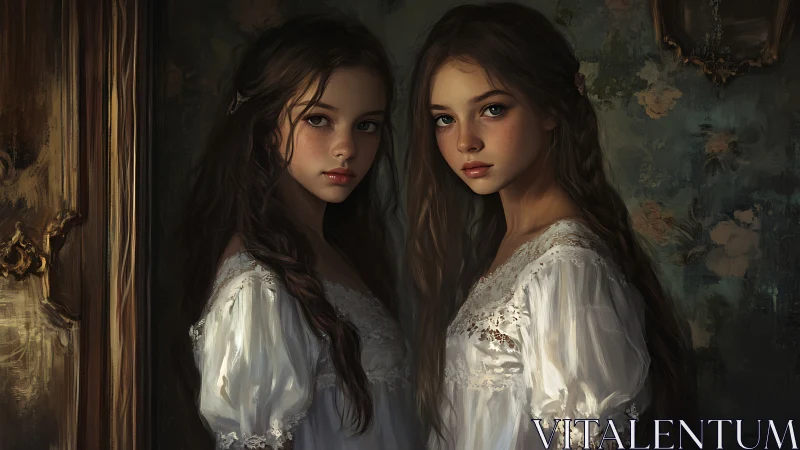 Twin girls stand in dim vintage room, bathed in soft glow