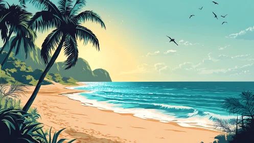 Tropical Beachscape with Palm Trees and Mountain Coastline.
