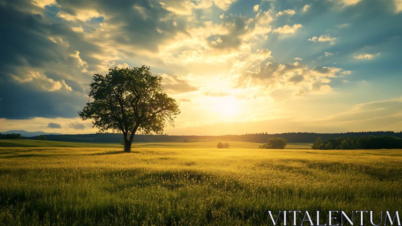 Solitary tree conducts a golden field beneath stormy light